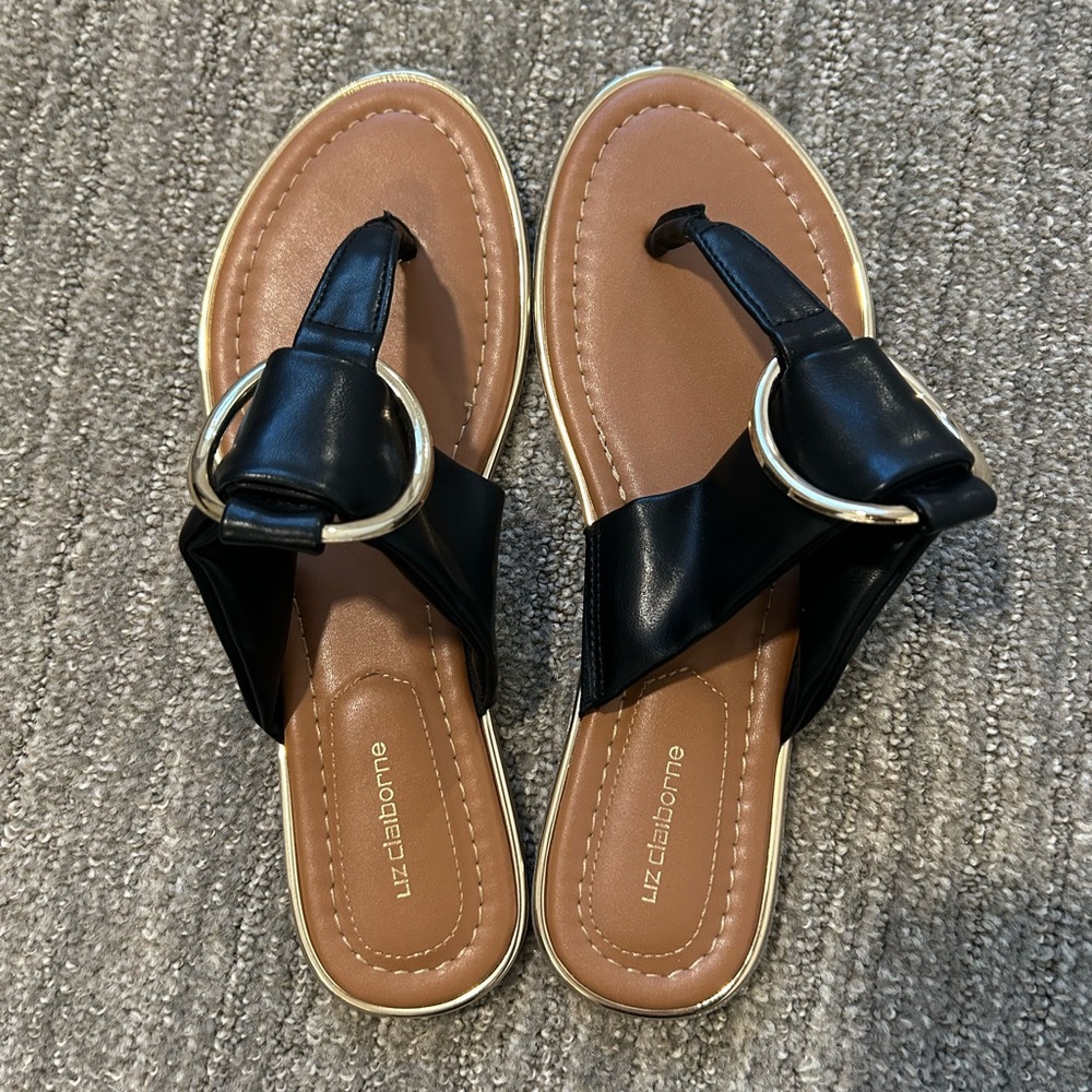 Liz Claiborne Black Leather Sandals With Gold Hardware Size 7